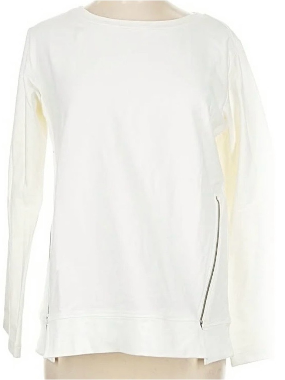 Women's Ivory White Crewneck Pullover Sweatshirt with Double Side Zip Details